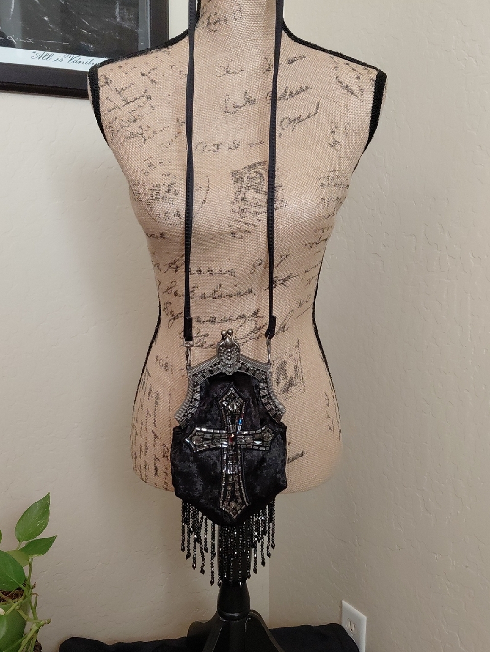 DOLLSKILL WIDOW BLACK/SEQUIN CROSS AND BEADED FRINGE CROSSBODY